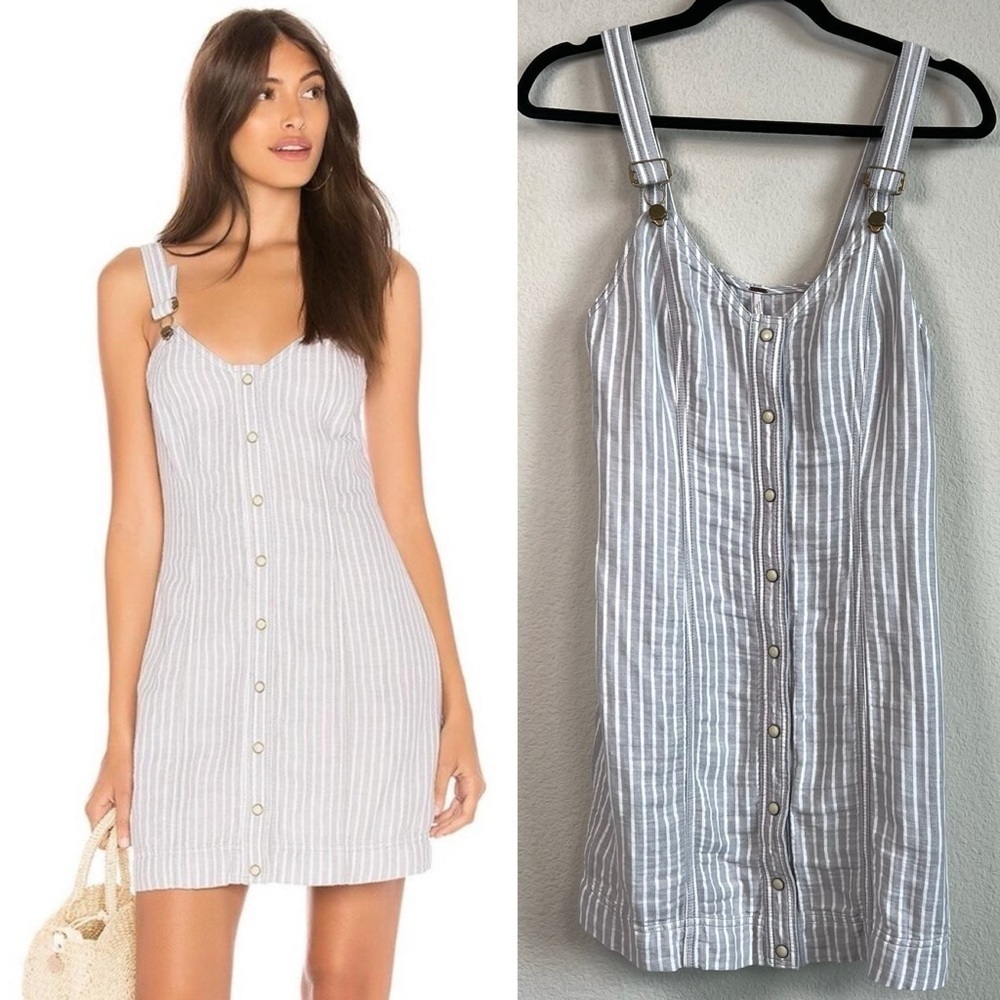 Free People Living Color Overall Mini Dress Grey White Stripe Combo Size XS